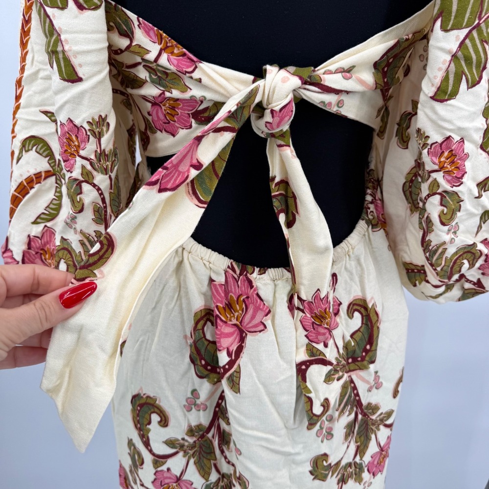 Farm Rio Tropical Floral Palm Tree Puff Sleeve Maxi Dress Cream Pink Green Small - Picture 11 of 16